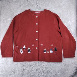 W 2X Brick Red Fleece Christmas Cardigan Embroidered Snowmen Snowflake Buttons